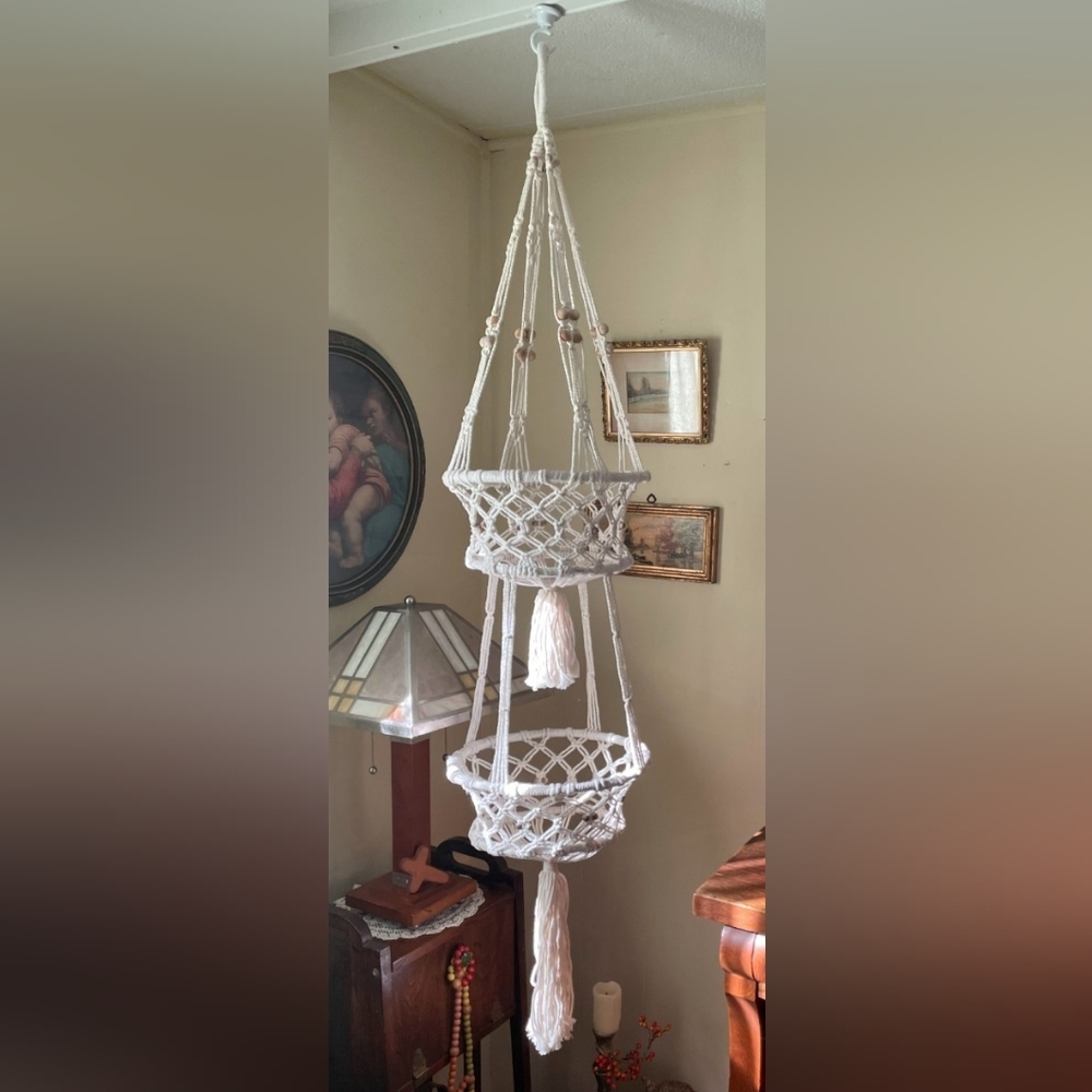 Vintage Macrame Hanging Planter In EUC